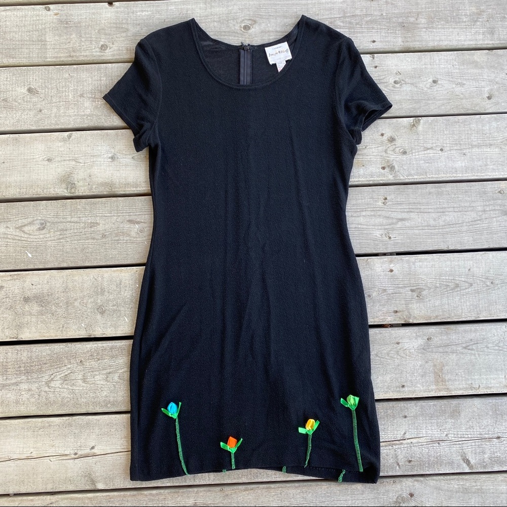 Joseph Ribkoff Black Short Sleeve Dress with Colorful Tulip Embroidery